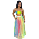 Sexy Printed Gradient Colorful Wrap Mesh Long Hakama Skirt Two Piece Set