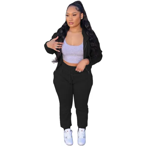 Solid Color Black Fleece 2 PC Zipper Hoodie Cardigan Blouse Sweatpants Outfit