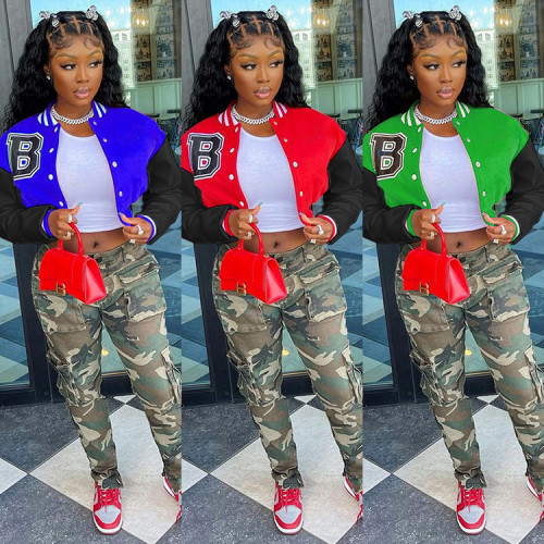 Letter Printing Color Contrast Bomber Casual Jacket