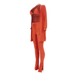 Women 3 Piece Sets Sexy Lingerie Lounge Wear Set Orange Pyjamas Female Nightwear Cardigan Sleepwear
