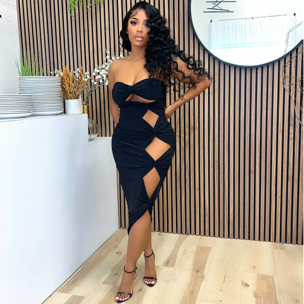 Black Solid Color Hollow Strapless Mid Dress