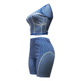 Fashion Striped Print Sleeveless Sports Crop Top and Shorts