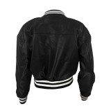 Thread Elasticity Faux Leather Baseball Jacket