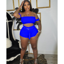 Sexy Solid Pit Clubwear Split Joint Off the Shoulder Short Sleeve Two Piece Shorts Set