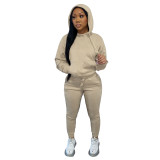 Autumn Winter Thick Drawstring Jogger Two Piece Khaki Sweatpants and Hoodie Set