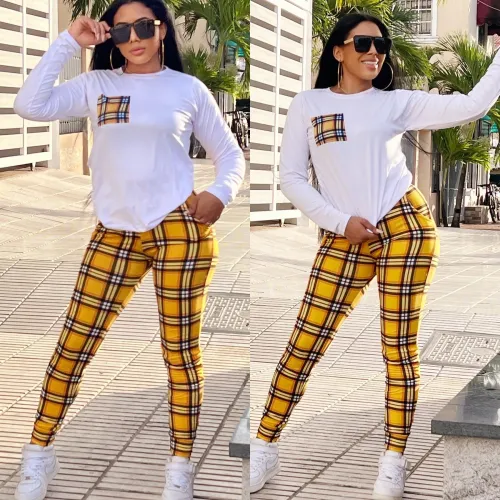 Solid Color Plaid Print Top Pants Set