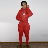 Fleece Long Sleeve Casual Pyrography Hoodie & Drawstring Pants Set with Kangaroo Pocket
