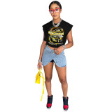 Casual Black Cool Racing Print Bandage Hollowed Out Split Joint O Neck T-Shirts