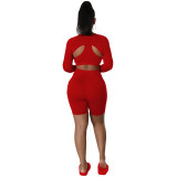 Red Solid Color Sports Long Sleeves Shawl Vest & Shorts 3 Piece Set