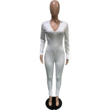 New Fashion Women Solid Long Sleeves Pleated Drawstring Skinny Casual Jumpsuit