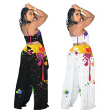 Sexy Splash Ink Print Straps Top And Pants 2 Piece Sets