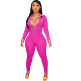 Pink Plaid Patchwork Zipper Up Long Sleeve Turn-down Neck Skinny Jumpsuit