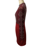 Solid Color Hot Rhinestone Perspective Party Midi Dress