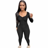 Solid Color Black Spring Thin V Neck Pleated One Piece Jumpsuit