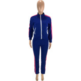 Casual Solid Royal Blue Stitching Zipper Turndown Neck Women Two Piece Outfits for Outdoor Exercise