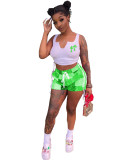 Casual Double Cross Print Collar Sleeveless Gathering Crop Top & Short Two Piece