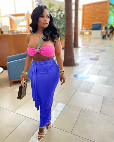 Color Patchwork One Shoulder Strapped Two Piece High Waist Pleated Sets