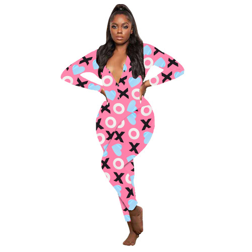 Casual Pattern Printed V Neck Home Jumpsuit
