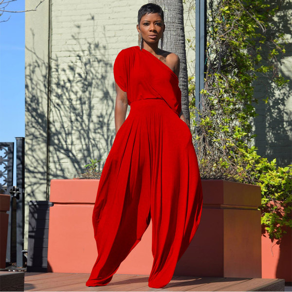 Red Casual Solid Split Joint Fold Asymmetrical Cross-Shoulder Short Sleeve Two Pieces