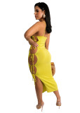Yellow Solid Sexy Hollow Out Lace-Up Straps Long Dress