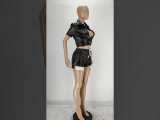 Solid Deep Pocket Turndown Neck Slit PU Leather Shorts Set