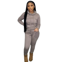 Autumn Winter Thick Drawstring Jogger Two Piece Mocha Sweatpants and Hoodie Set
