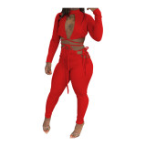Fashion Women's Long Sleeves Open Front Bandage Crop Top Outfits Club 2pcs