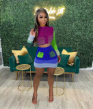 Autumn Knit Color Contrast Patchwork Long Sleeve Crop Top And Skirt Sets Female Matching Set