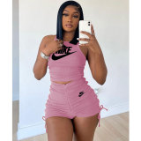 Pink Ladies Pyrography Shirring Tank Top Shorts Casual Two Piece Set