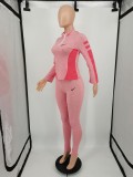 Casual Pink Printed High Neck Zipper 2 Piece Sweatpants Set