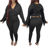 Solid Color Zipper Hooded Track Pants Set with Fringed