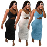 Solid Color Halter Pleated Long Dress