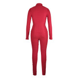 Red Jacquard Pineapple Stand-up Collar Zipper Two Piece Women Clothing Sets without Mask