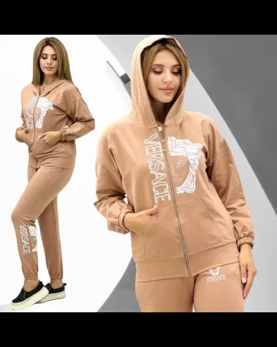 Fashion Print Hoodie Sweatshirt Trousers Women Zipper Two Piece Set