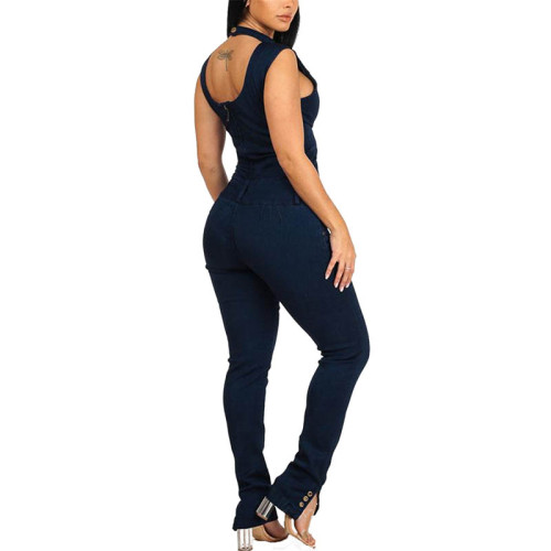 Casual Sleeveless Bandage Denim Jumpsuits