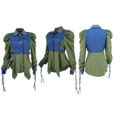 Double Collar Adjustable Tie Puff Long Sleeve Ruffle Denim Jacket