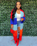 Womens Long Sleeve Color Contrast Knit Long Cardigan Sweaters Coats