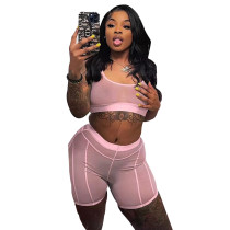 Sexy Solid Split Joint Mesh See Through U Neck Sleeveless Crop Vest Two Pieces