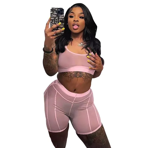 Sexy Solid Split Joint Mesh See Through U Neck Sleeveless Crop Vest Two Pieces