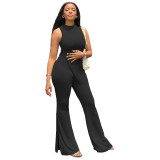 Solid Color Autumn Women's Sleeveless Irregular Top Slit Flared Pants Two Pieces