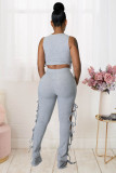 Summer Solid Color Grey Hollow Pit Women's Clothing Sleeveless Crop Top Two Piece Outfits Set