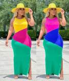 Sexy Color Block Sleeveless Print Split Maxi Dress