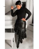Women PU Leather Beaded Ruffle Asymmetric Hem Knee Length Black Skirt