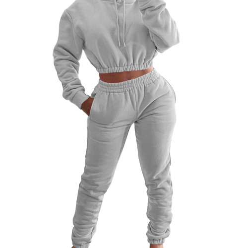 Light Grey Velvet Thicken Sports Hoodie Jogging Pants Two Piece Winter Set For Women