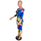Off Shoulder Contrast Print Bodycon Jumpsuit