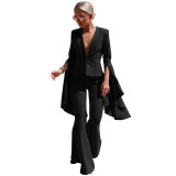 Lapel Collar Irregular Swing Sleeve Flared Pants Set