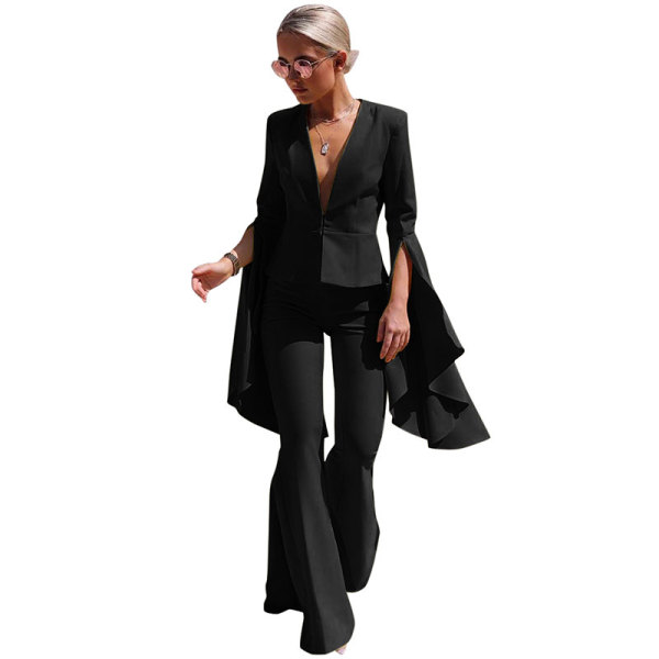 Lapel Collar Irregular Swing Sleeve Flared Pants Set