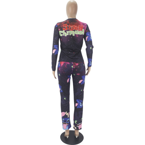 Casual Cartoon Print Home Wear Long Sleeve Pajamas Loungewear Women Sets