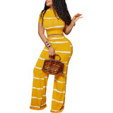 Casual Striped Print Pit Cropped Top and Wide-leg Pants