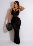 Summer Beachwear Hook Strap Halter Mesh Slit Sunscreen Long Beach Dresses
